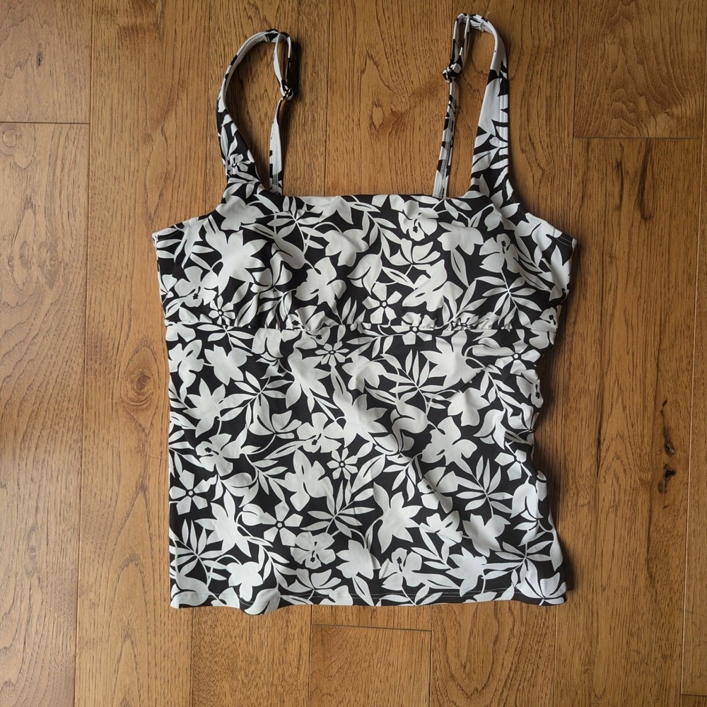 Lands End Floral Tankini Swim Top Black & White Womens Sz 16‎ Bathing Suit Beach